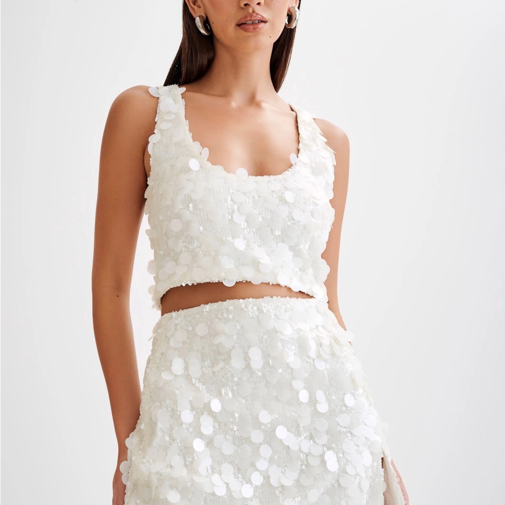 White Sequin Crop Top and Skirt Set